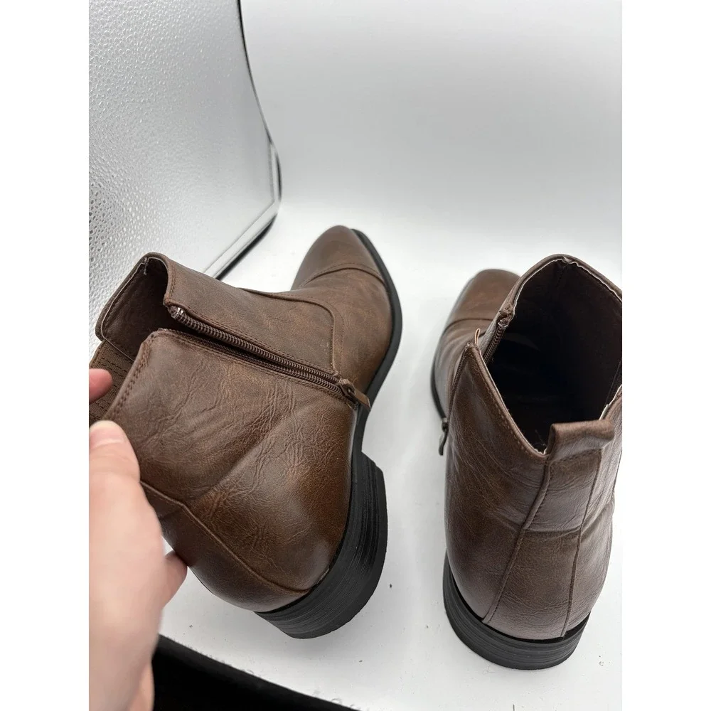 Brown Chelsea Boots Mens Size 9.5 Faux Leather Ankle Zip Square Toe Dress Casual